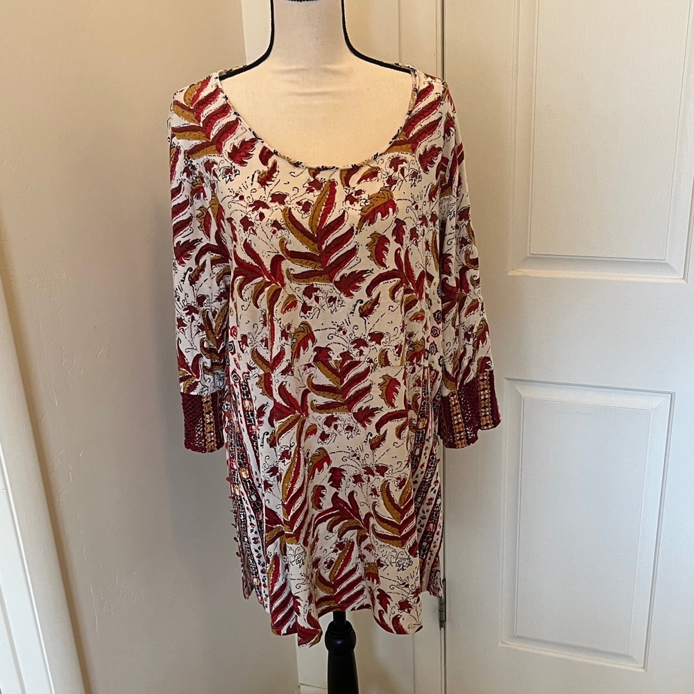 Soft Surroundings Floral Scoop Neck Tunic in Cream, Burgundy, Mustard 1X
